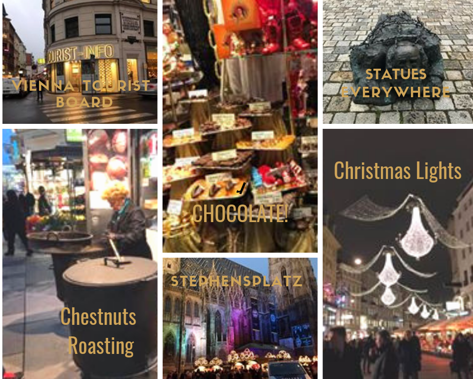 sights of Vienna chocolate, stateues, Christmas Lights, Stephensplatz