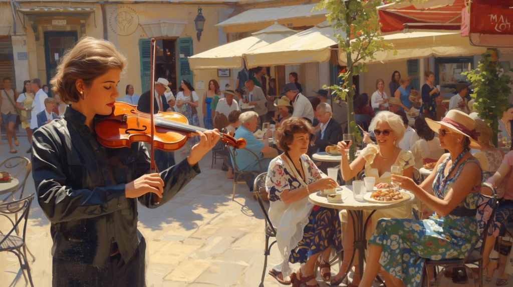 people sitting in a plaza, drinking wine and other drinks, eating pastry, and a violinist, the best way to travel
